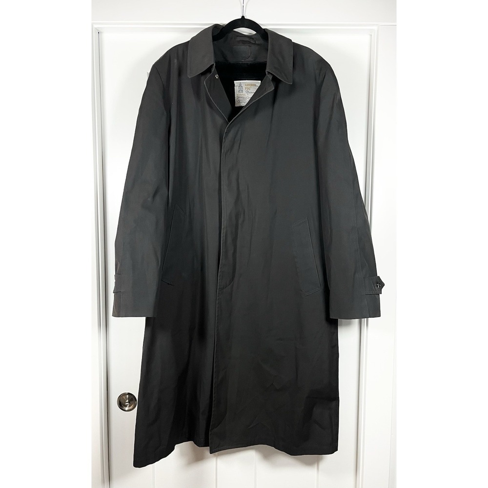 Vintage London Fog Overcoat 44 Long Black Dacron Rain Jacket Men Zip Liner 60s